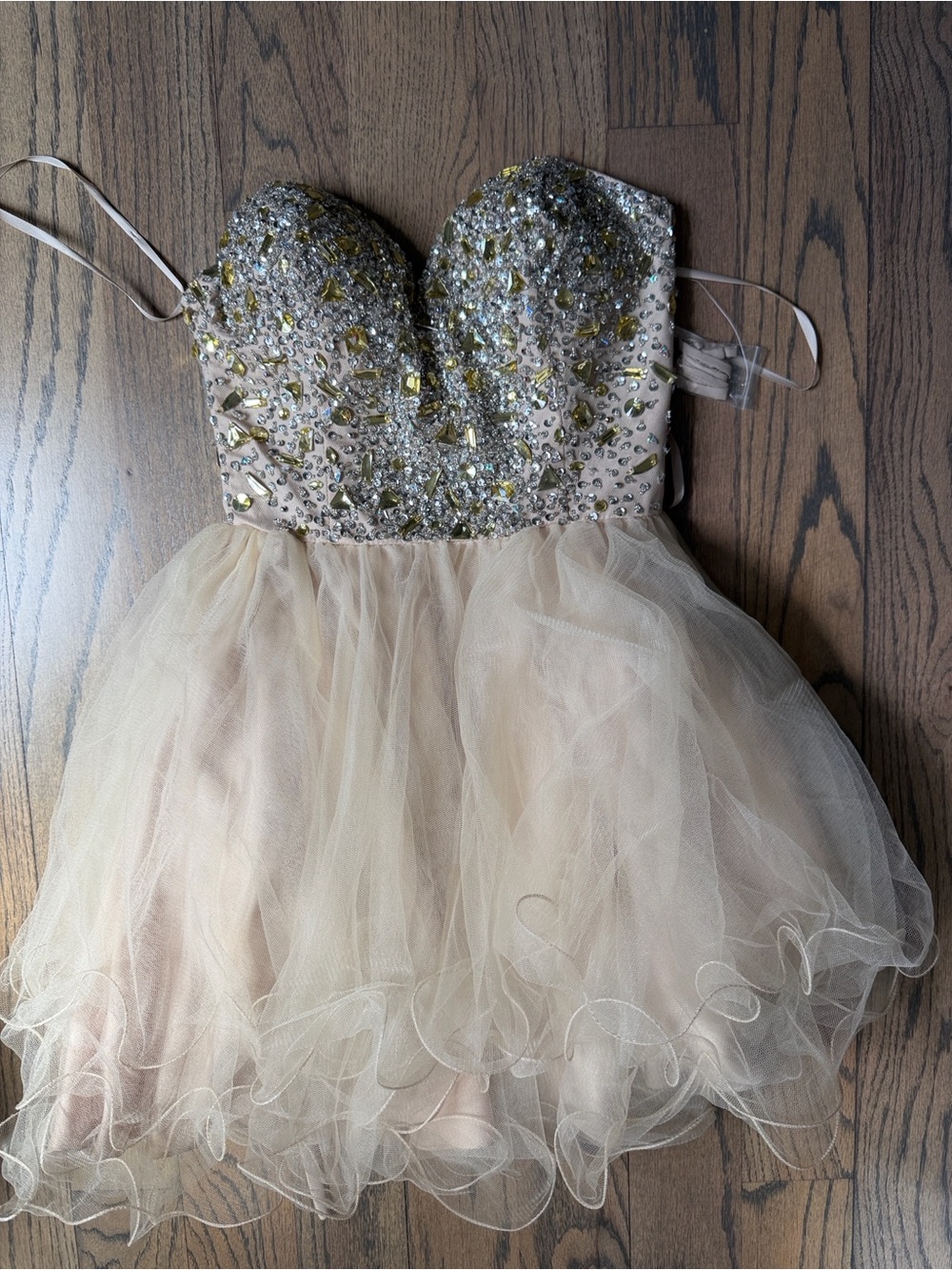 Girls' Champagne Beaded Tulle Party Dress with Sparkle Bodice